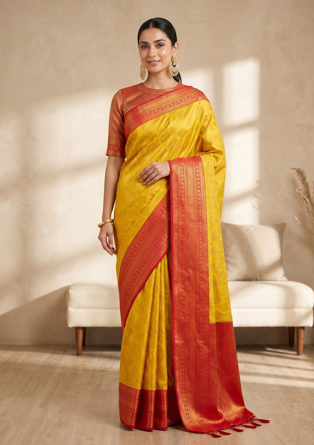 Yellow Kanjivaram Soft Raw Silk Saree