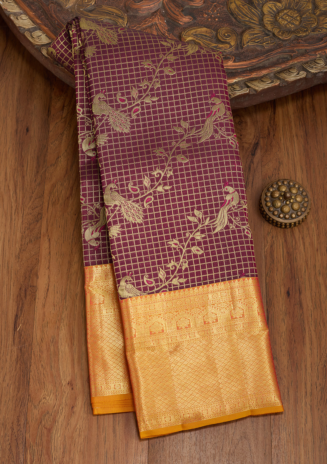 Wine Silk Checks Saree With Matching Blouse Piece