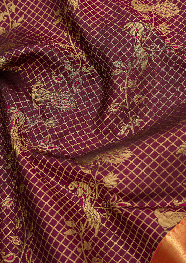 Wine Silk Checks Saree With Matching Blouse Piece