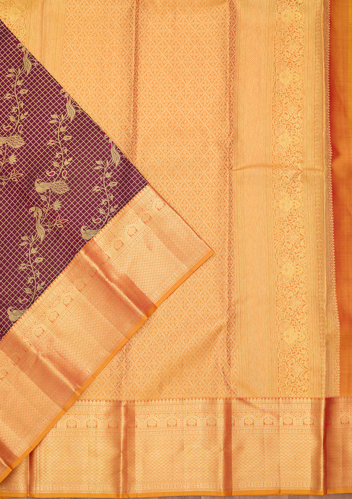 Wine Silk Checks Saree With Matching Blouse Piece