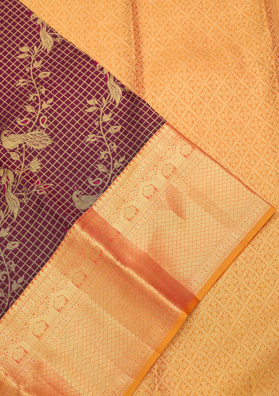 Wine Silk Checks Saree With Matching Blouse Piece