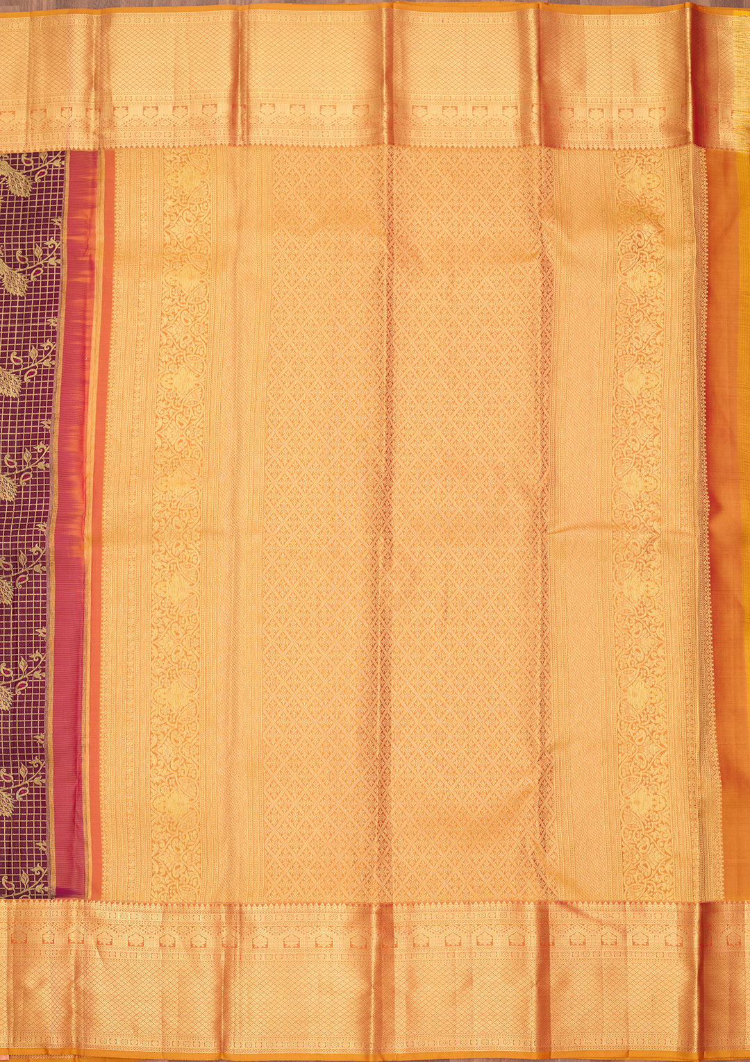 Wine Silk Checks Saree With Matching Blouse Piece