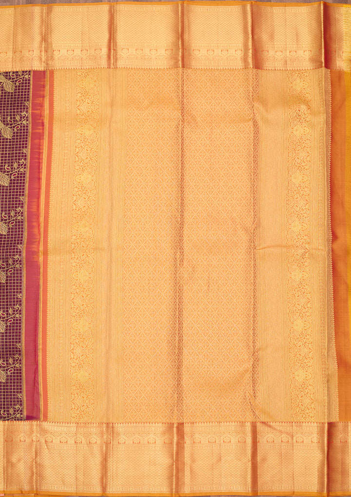 Wine Silk Checks Saree With Matching Blouse Piece