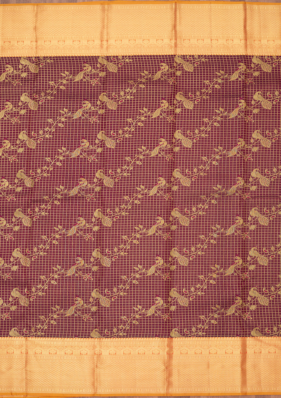 Wine Silk Checks Saree With Matching Blouse Piece