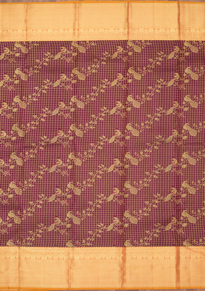 Wine Silk Checks Saree With Matching Blouse Piece