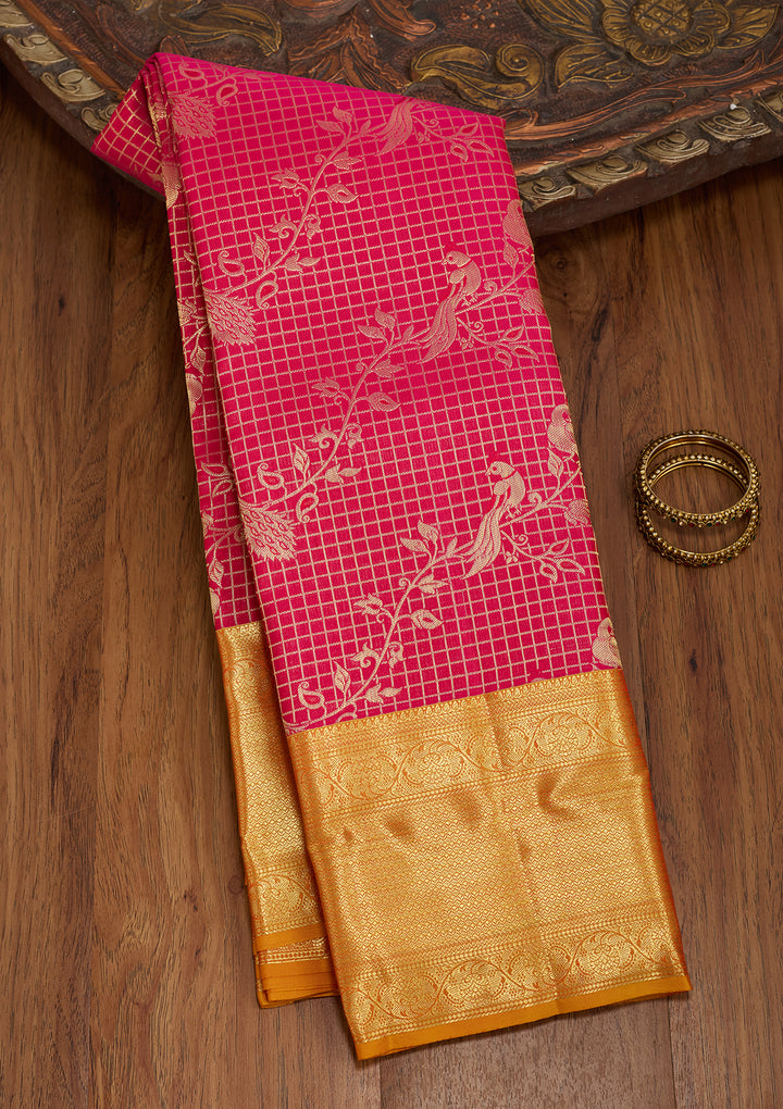 Rani Pink Silk Checks Saree With Matching Blouse Piece