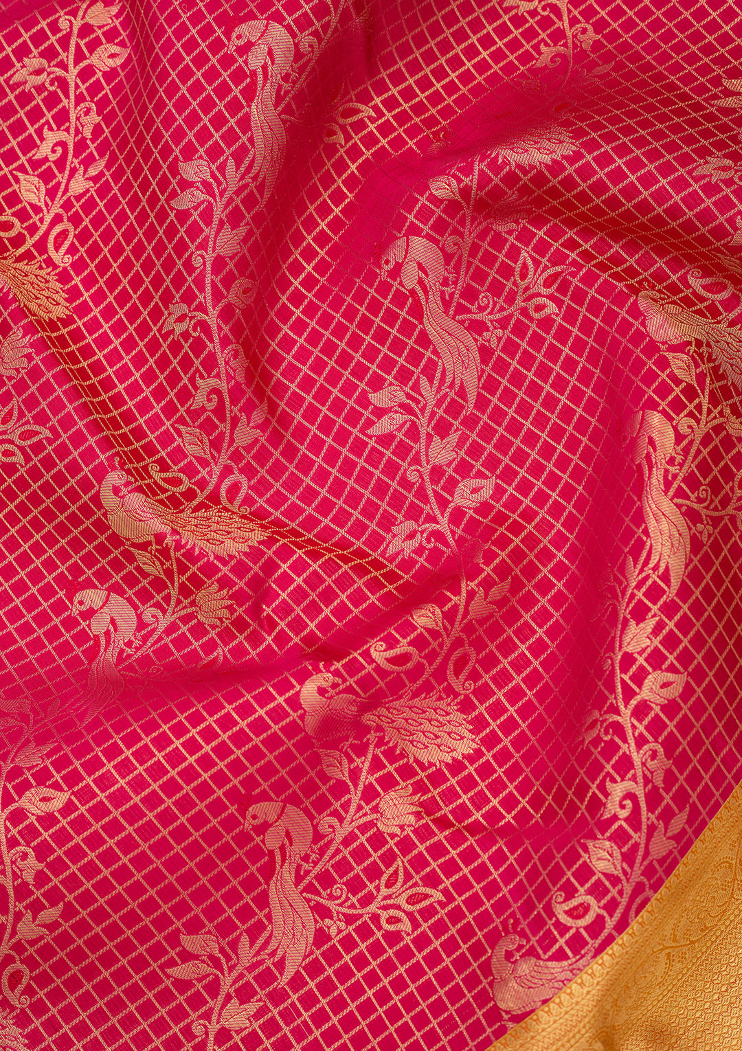 Rani Pink Silk Checks Saree With Matching Blouse Piece
