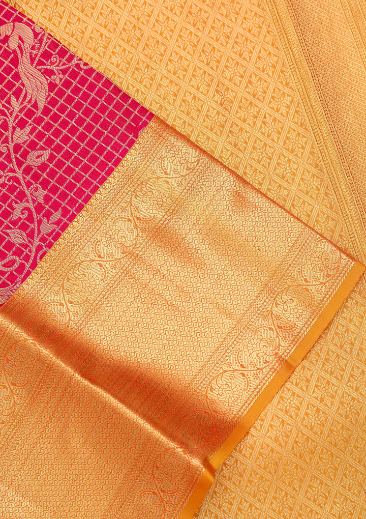 Rani Pink Silk Checks Saree With Matching Blouse Piece