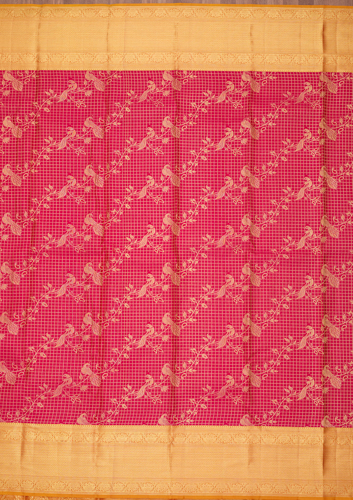Rani Pink Silk Checks Saree With Matching Blouse Piece