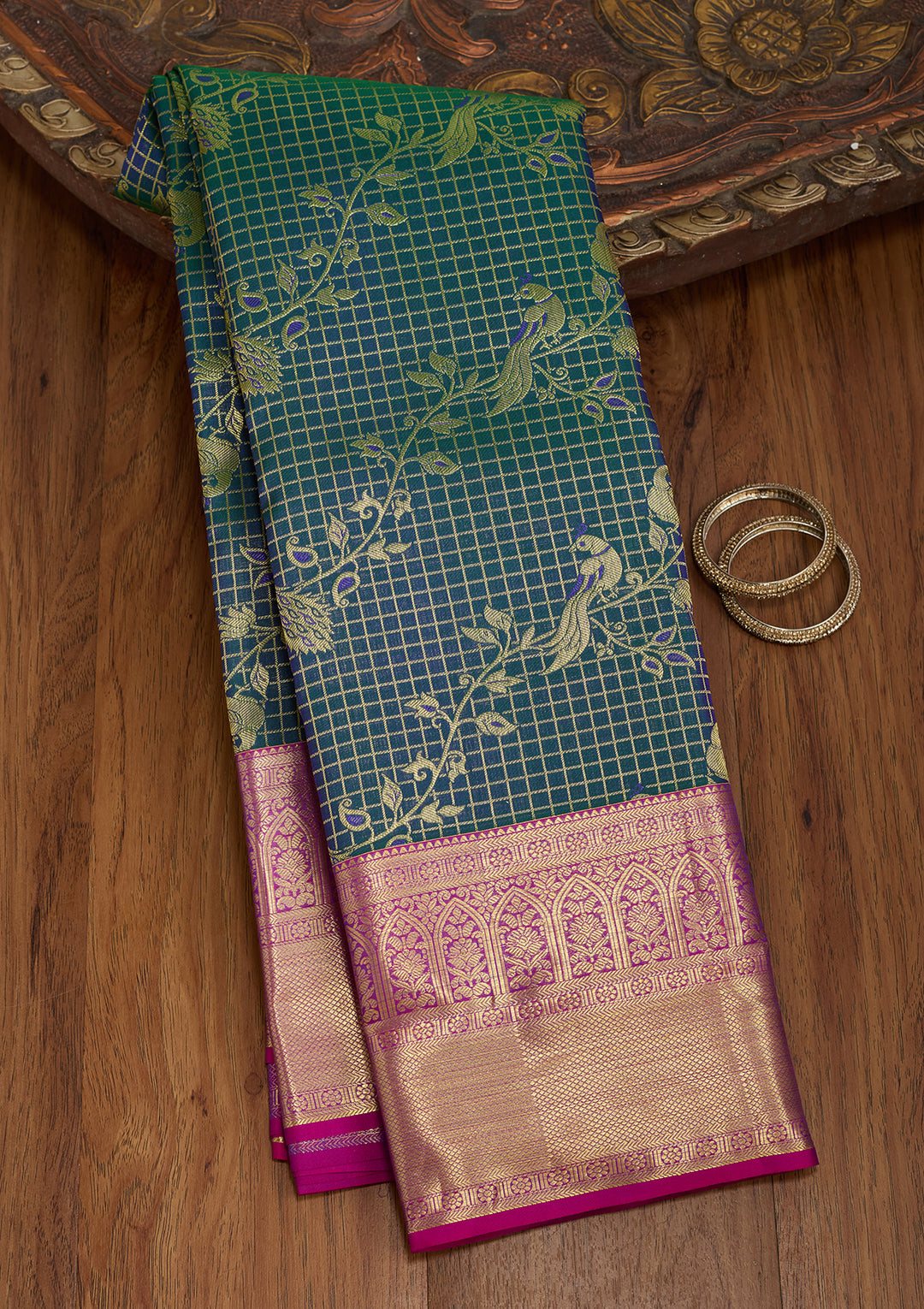 Peacock Blue Silk Jaal Saree With Matching Blouse Piece