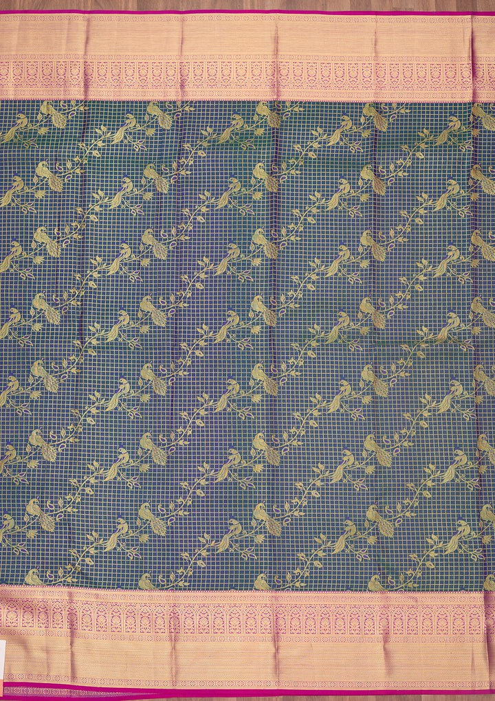 Peacock Blue Silk Jaal Saree With Matching Blouse Piece