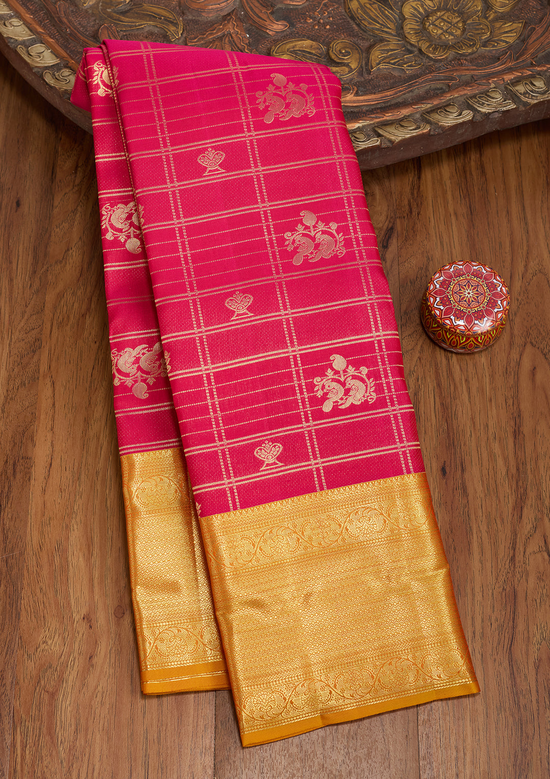 Rani Pink Silk Jaal Saree With Matching Blouse Piece