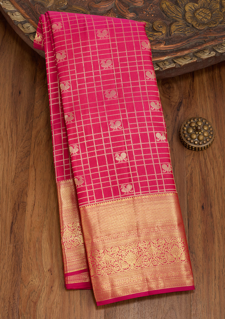 Rani Pink Silk Checks Saree With Matching Blouse Piece