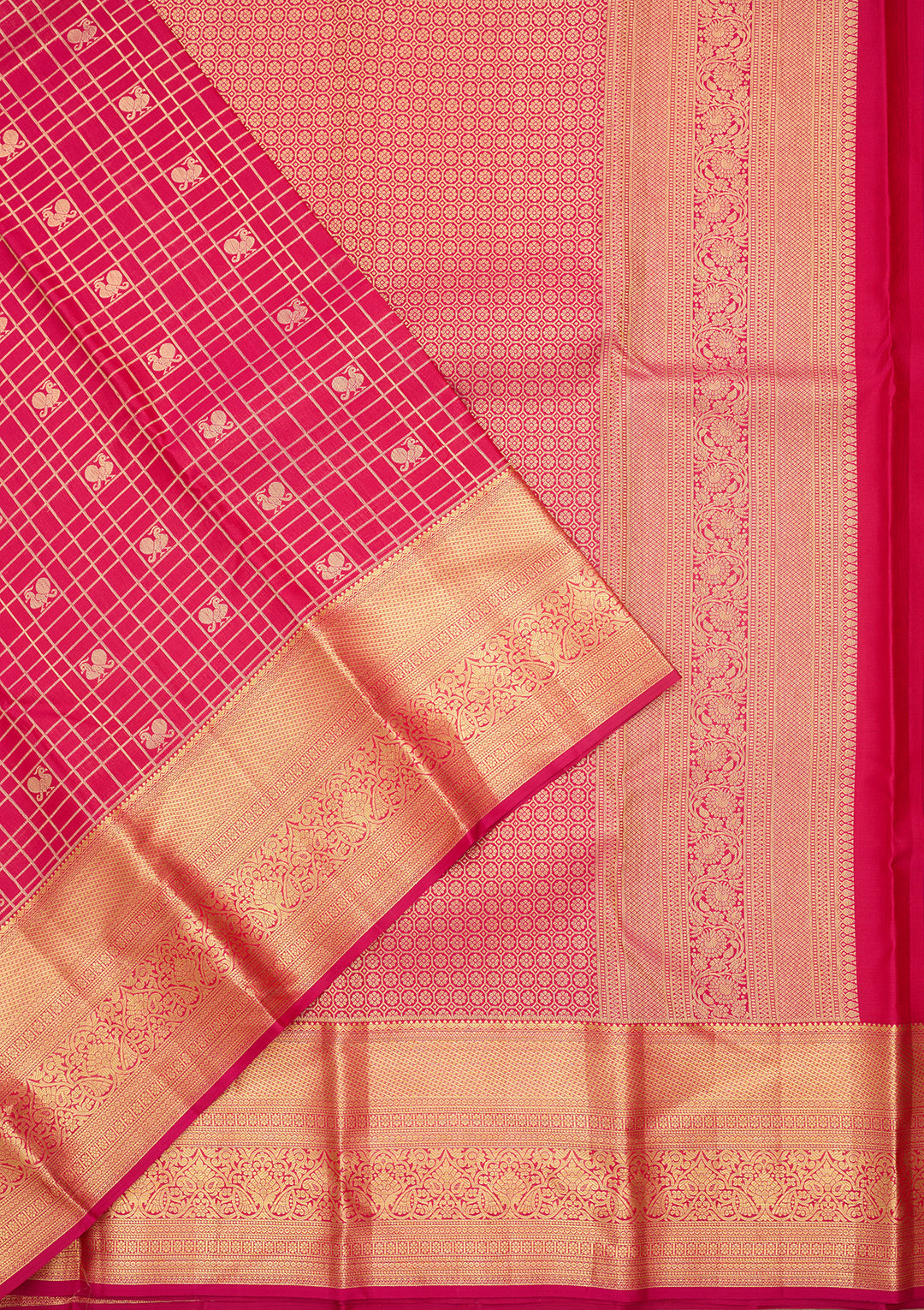 Rani Pink Silk Checks Saree With Matching Blouse Piece