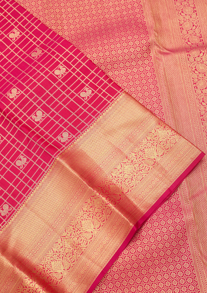 Rani Pink Silk Checks Saree With Matching Blouse Piece
