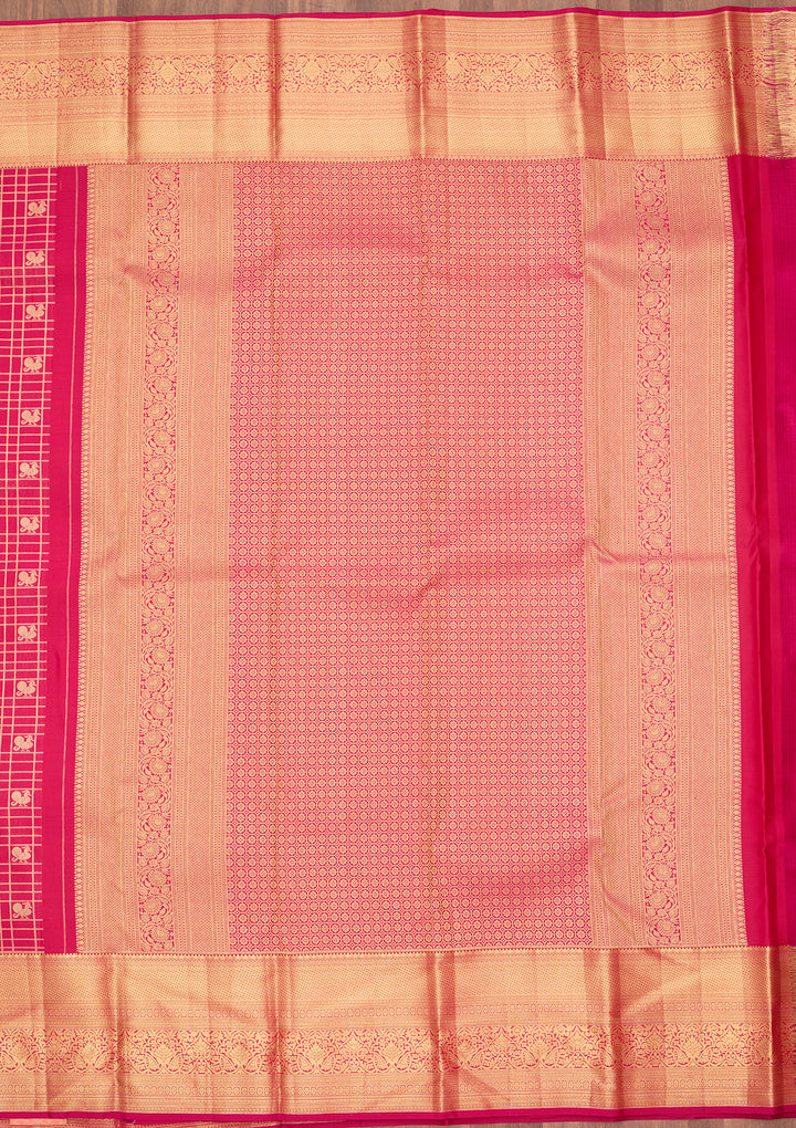 Rani Pink Silk Checks Saree With Matching Blouse Piece