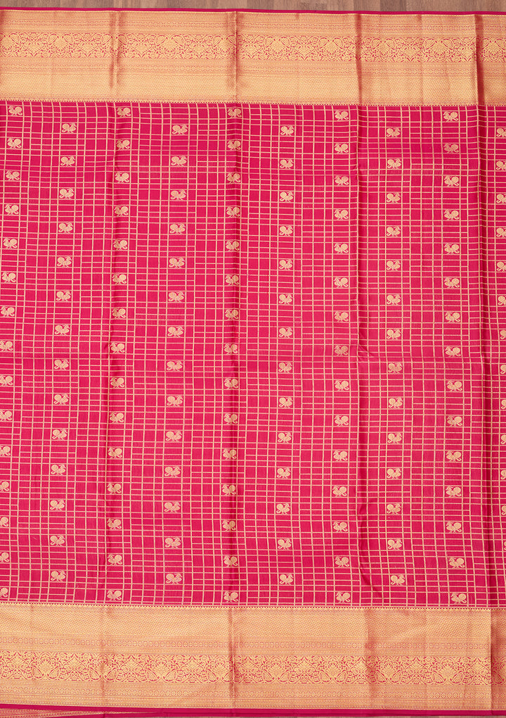 Rani Pink Silk Checks Saree With Matching Blouse Piece