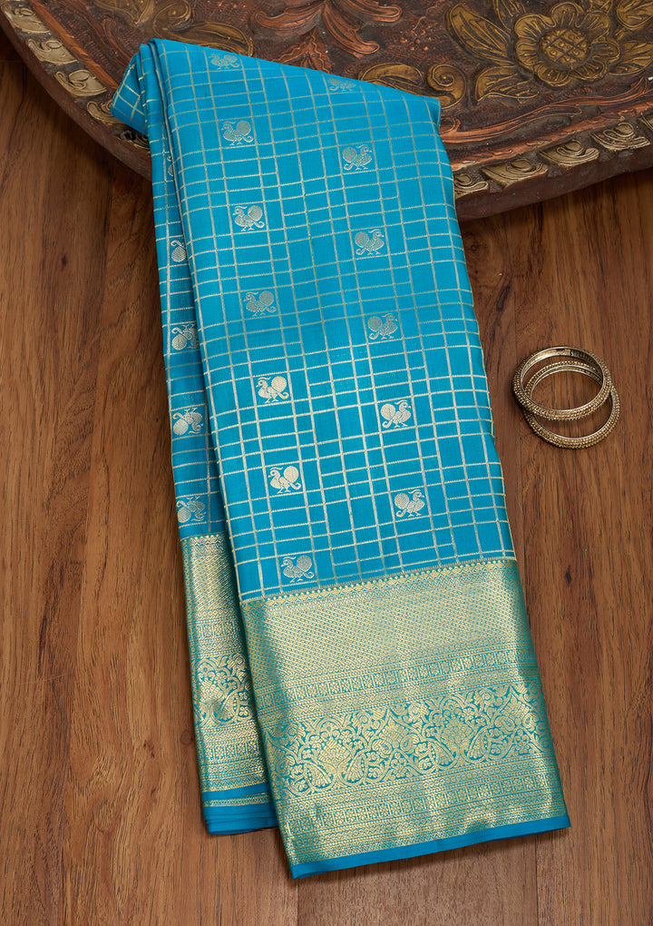 Turquoise Blue Silk Checks Saree With Matching Blouse Piece