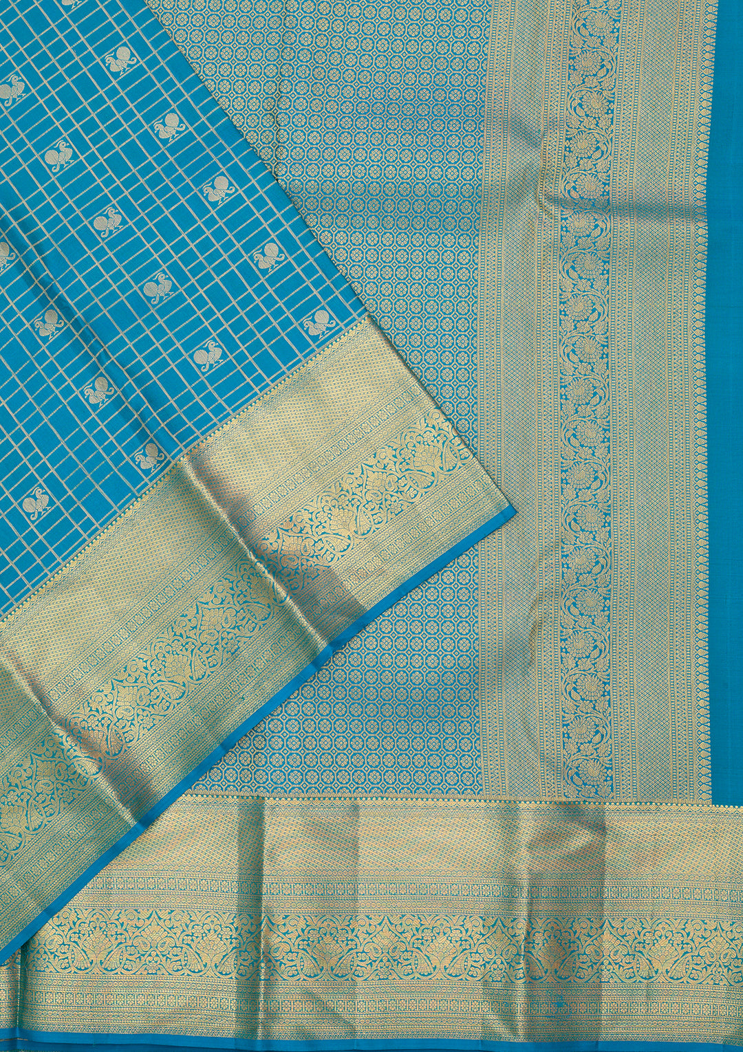 Turquoise Blue Silk Checks Saree With Matching Blouse Piece