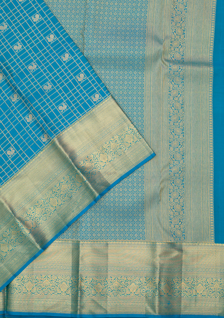 Turquoise Blue Silk Checks Saree With Matching Blouse Piece