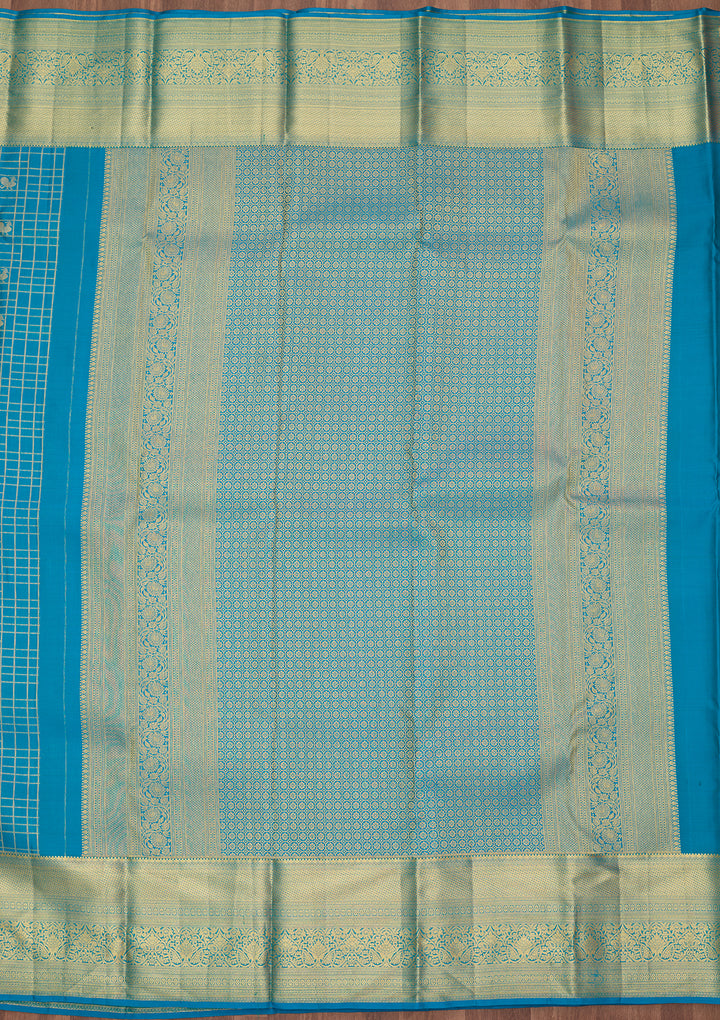 Turquoise Blue Silk Checks Saree With Matching Blouse Piece