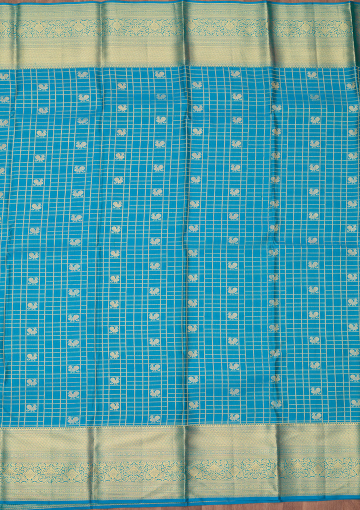 Turquoise Blue Silk Checks Saree With Matching Blouse Piece