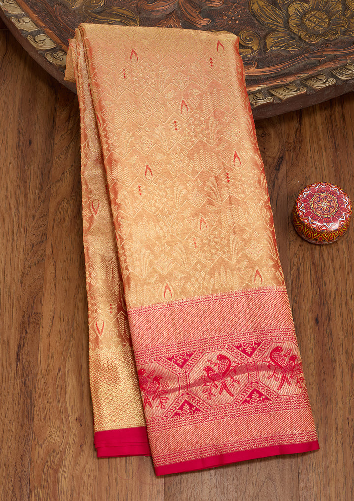 Peach Silk Jaal Saree With Matching Blouse Piece