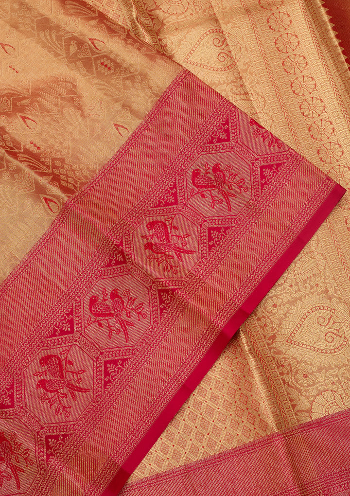 Peach Silk Jaal Saree With Matching Blouse Piece
