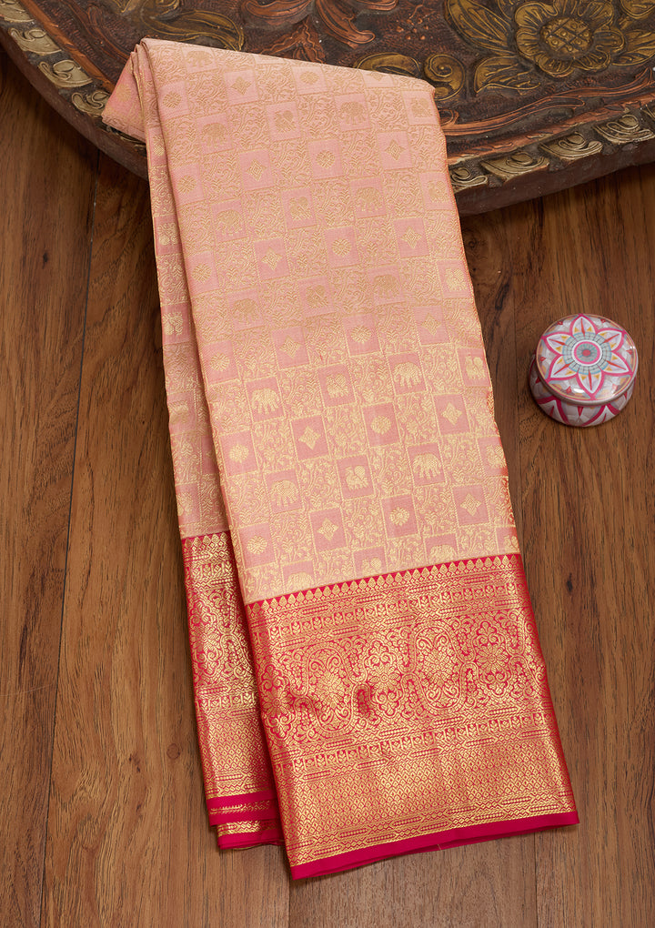 Peach Silk Checks Saree With Matching Blouse Piece