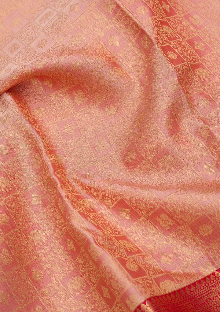Peach Silk Checks Saree With Matching Blouse Piece
