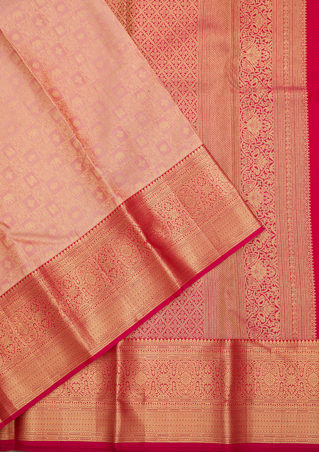 Peach Silk Checks Saree With Matching Blouse Piece