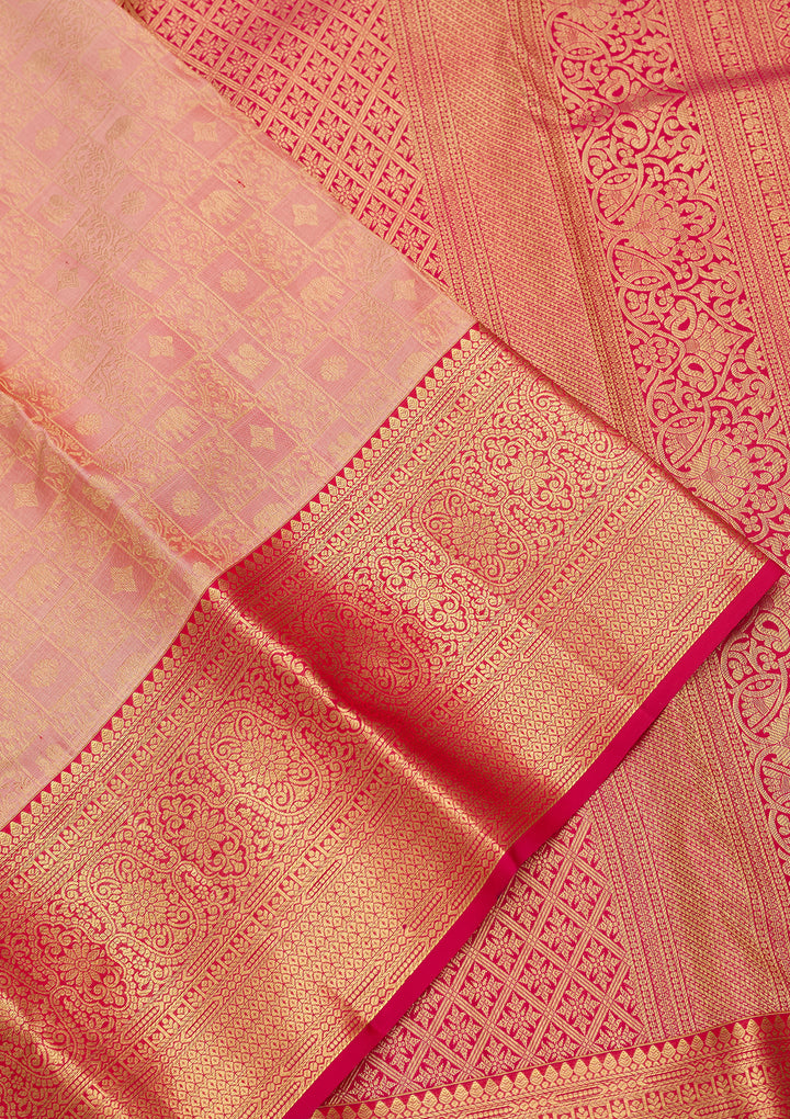 Peach Silk Checks Saree With Matching Blouse Piece