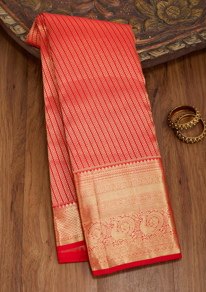 Red Silk Stripes Saree With Matching Blouse Piece