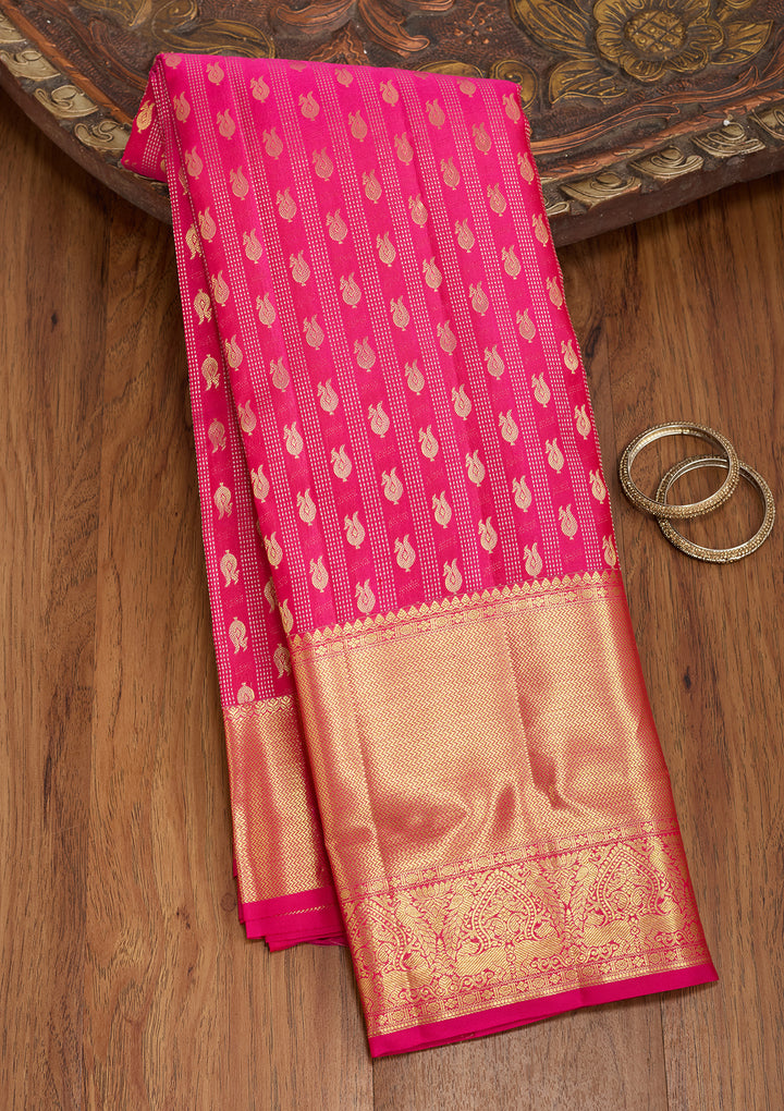 Rani Pink Silk Buti Saree With Matching Blouse Piece