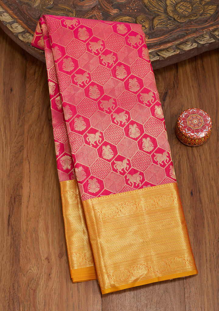 Rani Pink Silk Checks Saree With Matching Blouse Piece