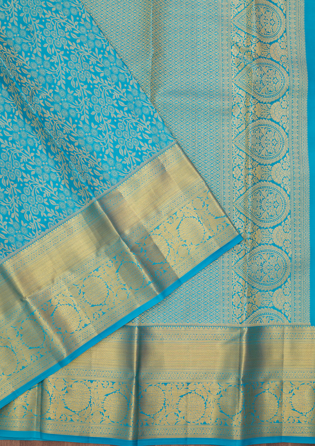 Turquoise Blue Silk Jaal Saree With Matching Blouse Piece