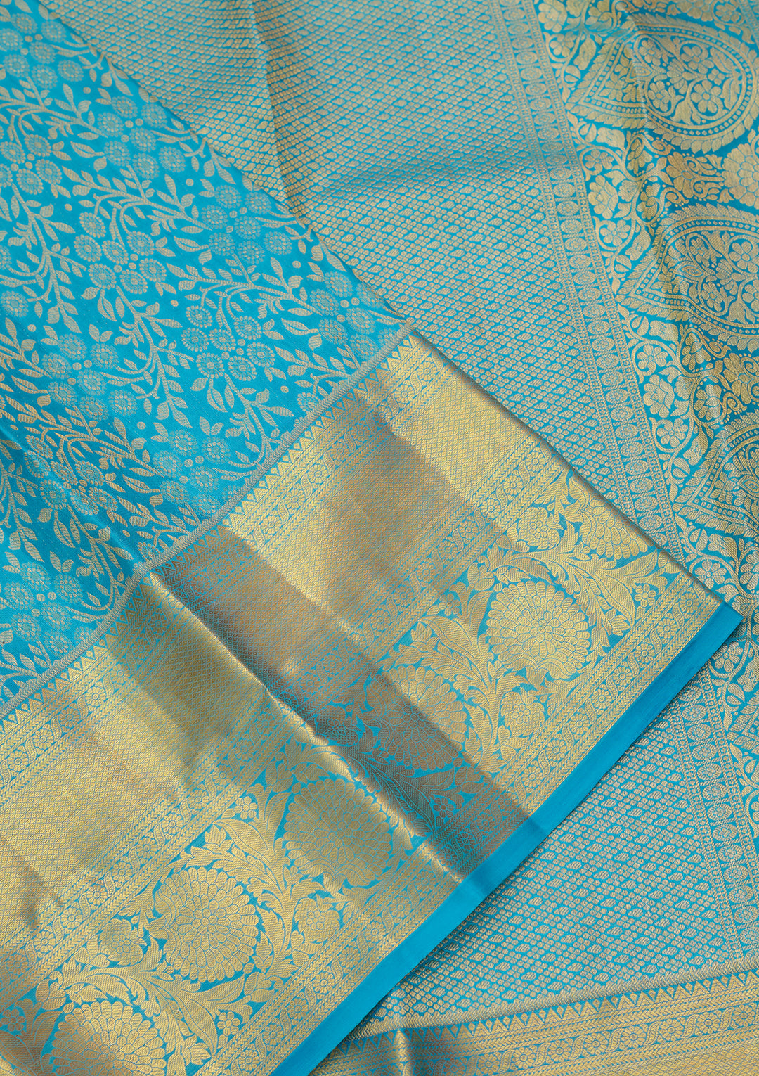 Turquoise Blue Silk Jaal Saree With Matching Blouse Piece