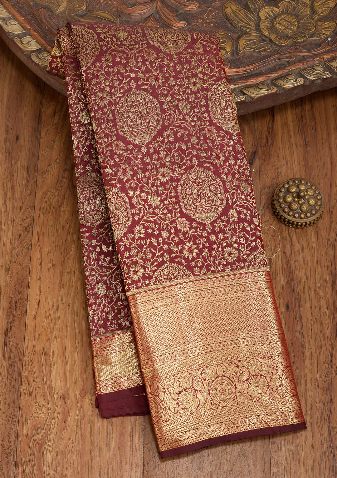 Maroon Silk Jaal Saree With Matching Blouse Piece