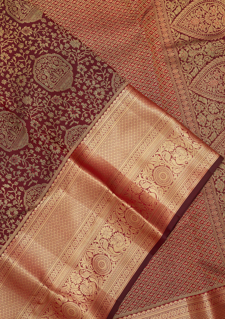 Maroon Silk Jaal Saree With Matching Blouse Piece