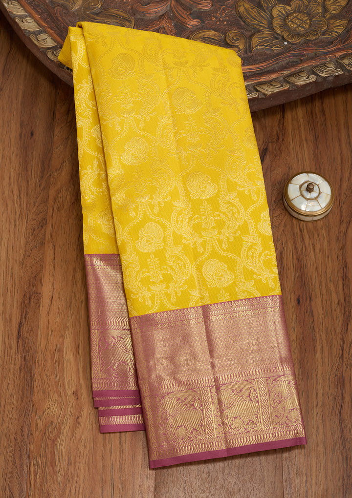 Yellow Silk Jaal Saree With Matching Blouse Piece