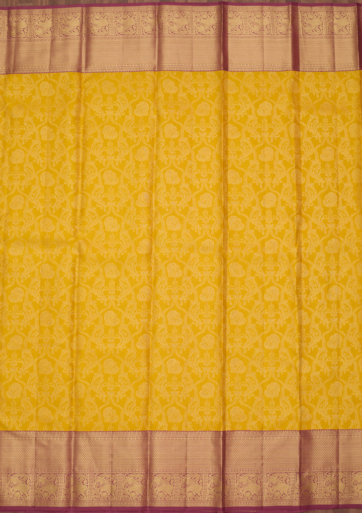 Yellow Silk Jaal Saree With Matching Blouse Piece