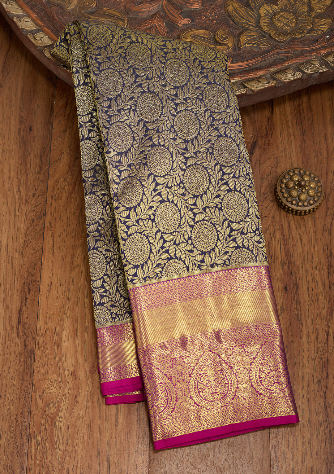 Navy Blue Silk Jaal Saree With Matching Blouse Piece