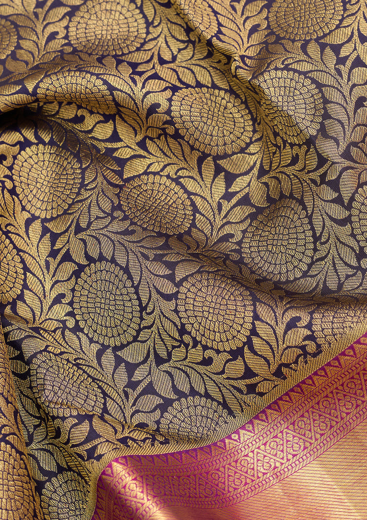 Navy Blue Silk Jaal Saree With Matching Blouse Piece