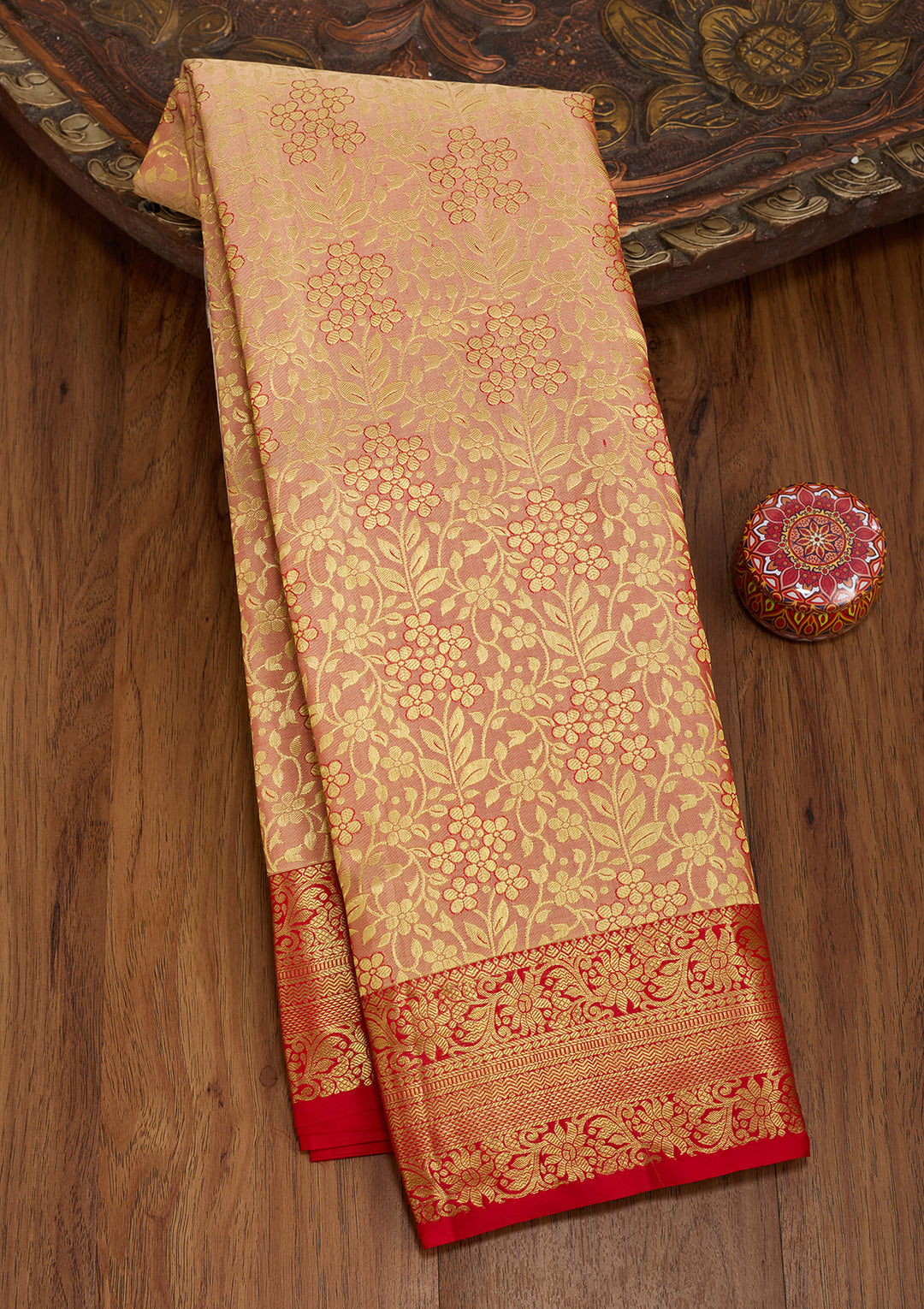 Peach Silk Jaal Saree With Matching Blouse Piece