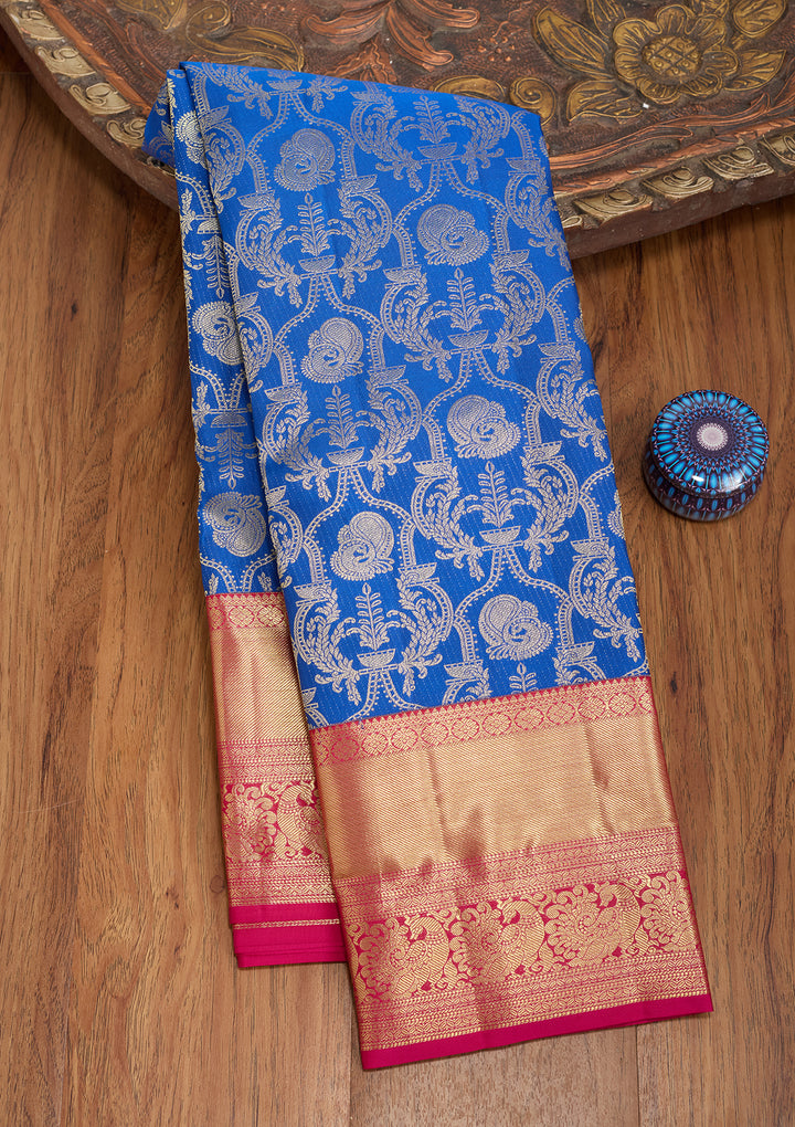 Royal Blue Silk Jaal Saree With Matching Blouse Piece