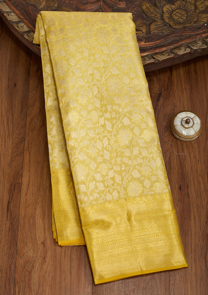 Yellow Silk Jaal Saree With Matching Blouse Piece