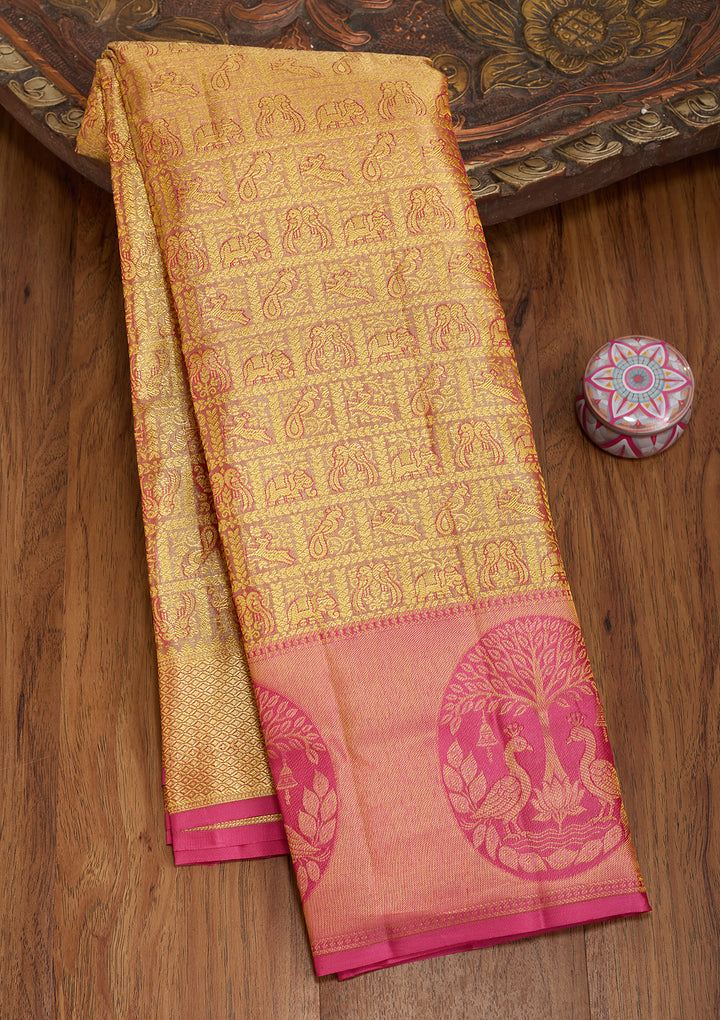 Peach Silk Checks Saree With Matching Blouse Piece