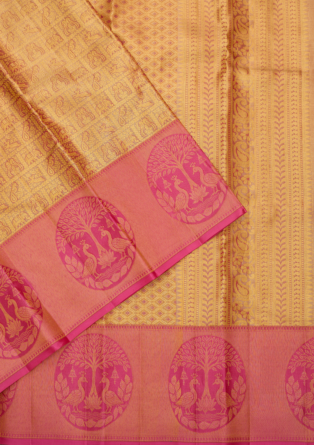 Peach Silk Checks Saree With Matching Blouse Piece