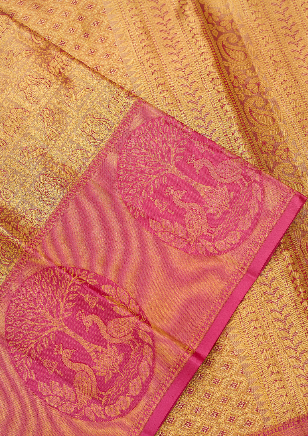 Peach Silk Checks Saree With Matching Blouse Piece