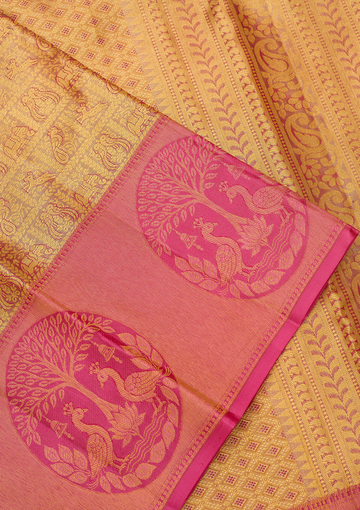 Peach Silk Checks Saree With Matching Blouse Piece